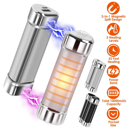 2 Packs 10000mAh Split-Magnetic Handwarmers 2 in 1 Portable Electric Pocket Heater Power Bank Portable Charger with 3 Heating Levels for Camping Hunt