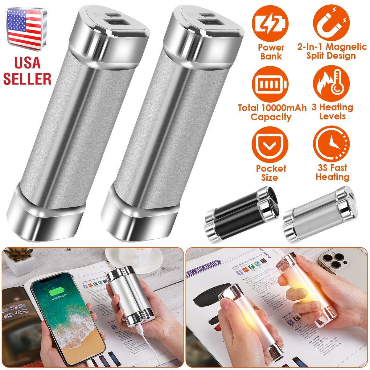 2 Packs 10000mAh Split-Magnetic Handwarmers 2 in 1 Portable Electric Pocket Heater Power Bank Portable Charger with 3 Heating Levels  for Camping Hunt