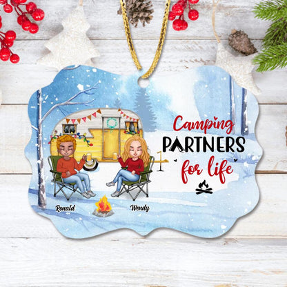 Personalized Christmas Winter Camping Rectangle Wooden/Acrylic Ornament - Christmas Gift For Camping Lover - Couple With Up to 4 Pets - Camping Partners For Life