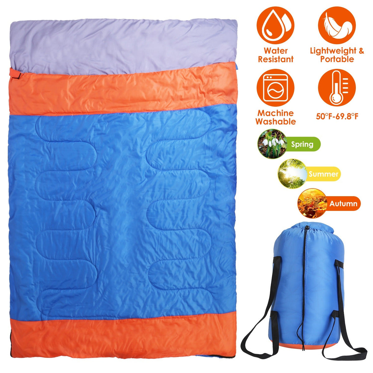2 People Sleeping Bag for Adult Kids Lightweight Water Resistant Camping Cotton Liner Cold Warm Weather Indoor Outdoor Use 3 Season with Sack for Spri